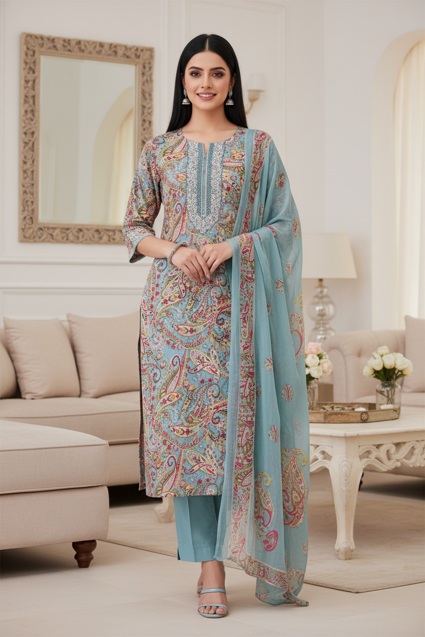 Pure Cotton Digital Print Unstitched Suit with Zari Patch Work & Chiffon Dupatta