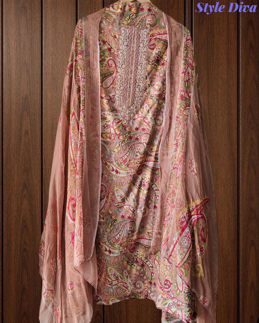 Pure Cotton Digital Print Unstitched Suit with Zari Patch Work & Chiffon Dupatta
