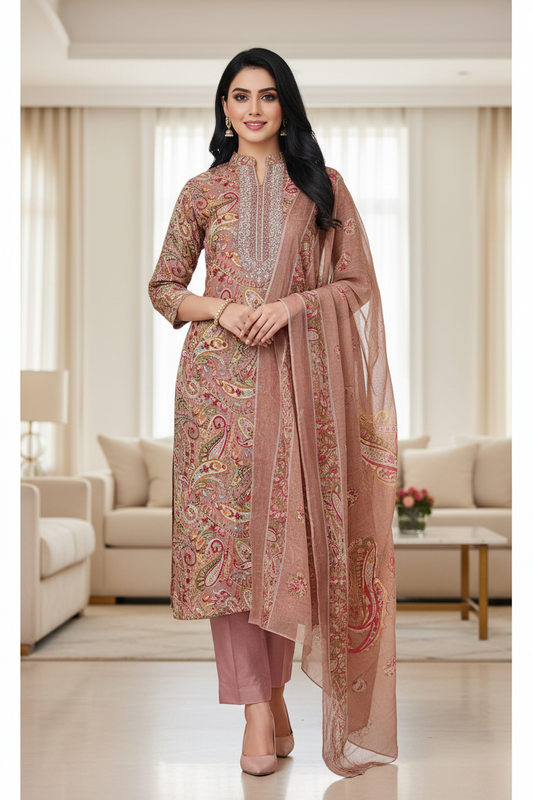 Pure Cotton Digital Print Unstitched Suit with Zari Patch Work & Chiffon Dupatta