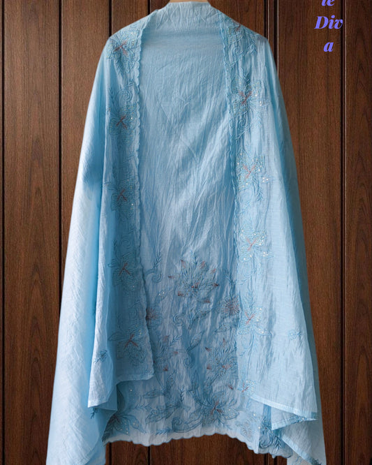 Crush Mul Cotton Laser Cut Embroidered Unstitched Suit with Embroidered Dupatta (3 Pc Set)