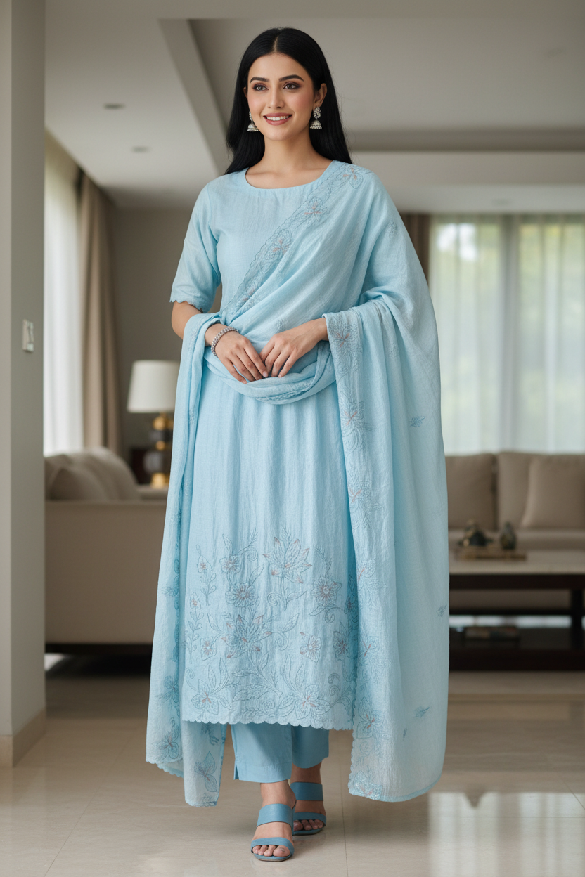 Crush Mul Cotton Laser Cut Embroidered Unstitched Suit with Embroidered Dupatta (3 Pc Set)