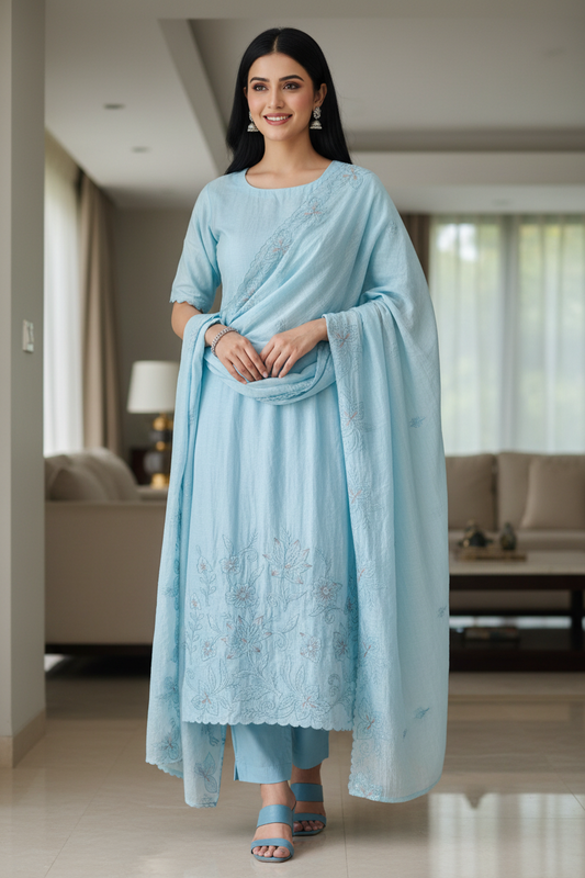 Crush Mul Cotton Laser Cut Embroidered Unstitched Suit with Embroidered Dupatta (3 Pc Set)