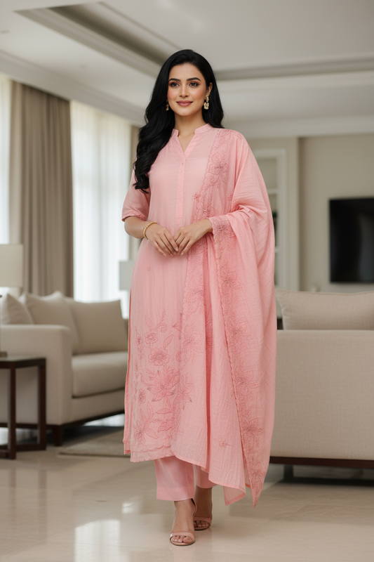 Crush Mul Cotton Laser Cut Embroidered Unstitched Suit with Embroidered Dupatta (3 Pc Set)