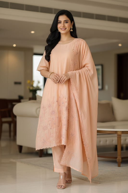 Crush Mul Cotton Laser Cut Embroidered Unstitched Suit with Embroidered Dupatta (3 Pc Set)