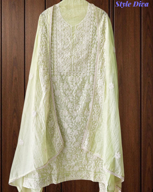 Elegant Mul Cotton Overall Lucknowi Embroidered Suit  with Embroidery Dupatta