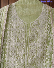 Elegant Mul Cotton Overall Lucknowi Embroidered Suit  with Embroidery Dupatta