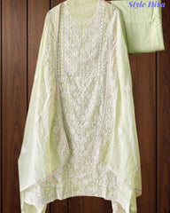 Elegant Mul Cotton Overall Lucknowi Embroidered Suit  with Embroidery Dupatta