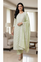 Elegant Mul Cotton Overall Lucknowi Embroidered Suit  with Embroidery Dupatta