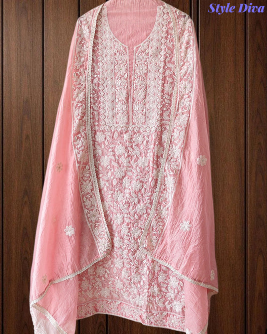 Elegant Mul Cotton Overall Lucknowi Embroidered Suit  with Embroidery Dupatta