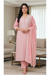 Elegant Mul Cotton Overall Lucknowi Embroidered Suit  with Embroidery Dupatta