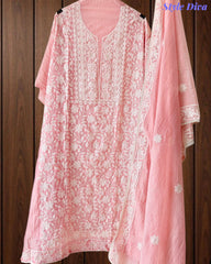 Elegant Mul Cotton Overall Lucknowi Embroidered Suit  with Embroidery Dupatta