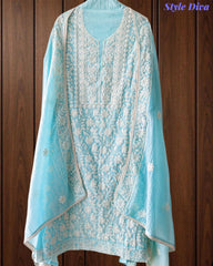 Elegant Mul Cotton Overall Lucknowi Embroidered Suit  with Embroidery Dupatta