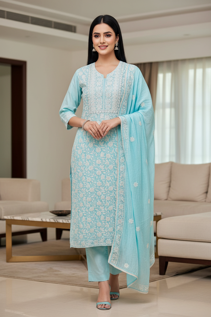 Elegant Mul Cotton Overall Lucknowi Embroidered Suit  with Embroidery Dupatta
