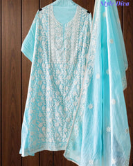 Elegant Mul Cotton Overall Lucknowi Embroidered Suit  with Embroidery Dupatta