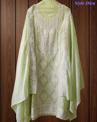 Premium Mul Cotton Lucknowi Embroidered Unstitched Suit Set With Scalloped Edge Dupatta