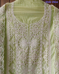 Premium Mul Cotton Lucknowi Embroidered Unstitched Suit Set With Scalloped Edge Dupatta