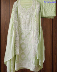Premium Mul Cotton Lucknowi Embroidered Unstitched Suit Set With Scalloped Edge Dupatta