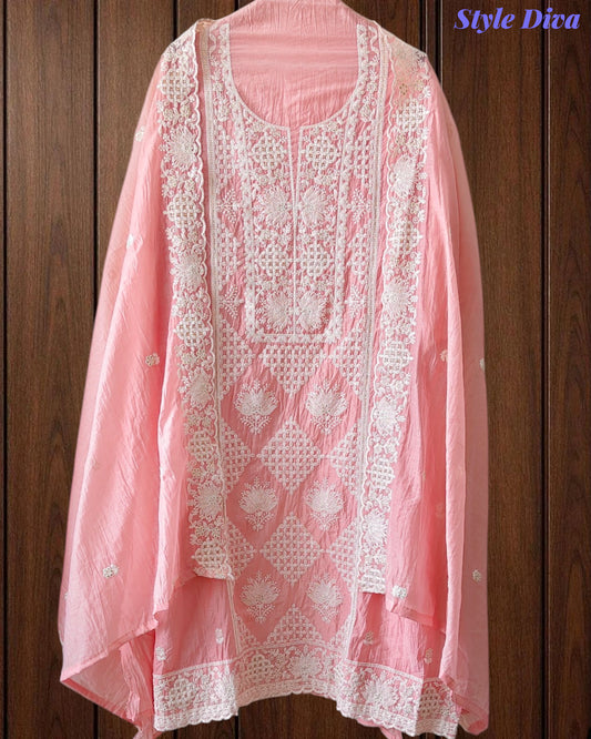 Premium Mul Cotton Lucknowi Embroidered Unstitched Suit Set With Scalloped Edge Dupatta