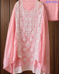 Premium Mul Cotton Lucknowi Embroidered Unstitched Suit Set With Scalloped Edge Dupatta