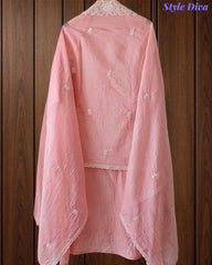 Premium Mul Cotton Lucknowi Embroidered Unstitched Suit Set With Scalloped Edge Dupatta
