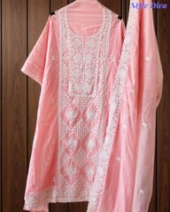 Premium Mul Cotton Lucknowi Embroidered Unstitched Suit Set With Scalloped Edge Dupatta