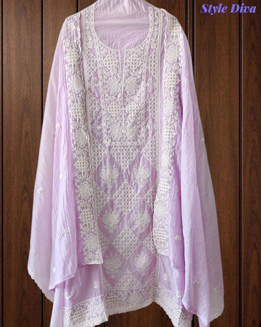 Elegant Mul Cotton Overall Lucknowi Embroidered Suit  with Embroidery Dupatta