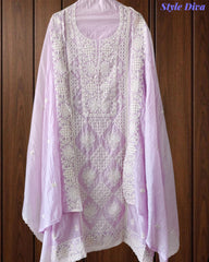 Premium Mul Cotton Lucknowi Embroidered Unstitched Suit Set With Scalloped Edge Dupatta