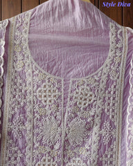 Premium Mul Cotton Lucknowi Embroidered Unstitched Suit Set With Scalloped Edge Dupatta