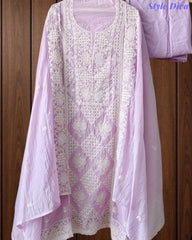 Premium Mul Cotton Lucknowi Embroidered Unstitched Suit Set With Scalloped Edge Dupatta