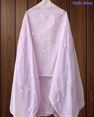 Premium Mul Cotton Lucknowi Embroidered Unstitched Suit Set With Scalloped Edge Dupatta