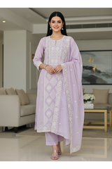 Premium Mul Cotton Lucknowi Embroidered Unstitched Suit Set With Scalloped Edge Dupatta