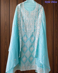 Premium Mul Cotton Lucknowi Embroidered Unstitched Suit Set With Scalloped Edge Dupatta
