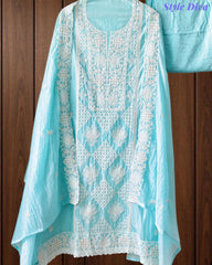 Premium Mul Cotton Lucknowi Embroidered Unstitched Suit Set With Scalloped Edge Dupatta