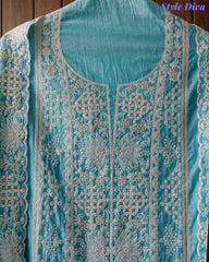 Premium Mul Cotton Lucknowi Embroidered Unstitched Suit Set With Scalloped Edge Dupatta
