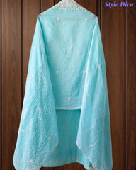Premium Mul Cotton Lucknowi Embroidered Unstitched Suit Set With Scalloped Edge Dupatta