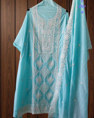 Premium Mul Cotton Lucknowi Embroidered Unstitched Suit Set With Scalloped Edge Dupatta