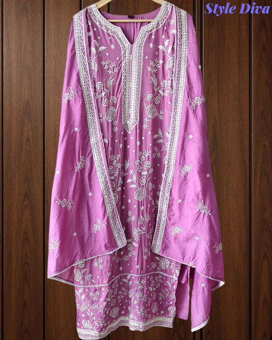 Fully Stitched -Muslin Pakistani Style Embroidered Suit Set with Embroidered Dupatta