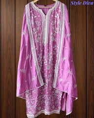 Fully Stitched -Muslin Pakistani Style Embroidered Suit Set with Embroidered Dupatta