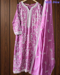 Fully Stitched -Muslin Pakistani Style Embroidered Suit Set with Embroidered Dupatta