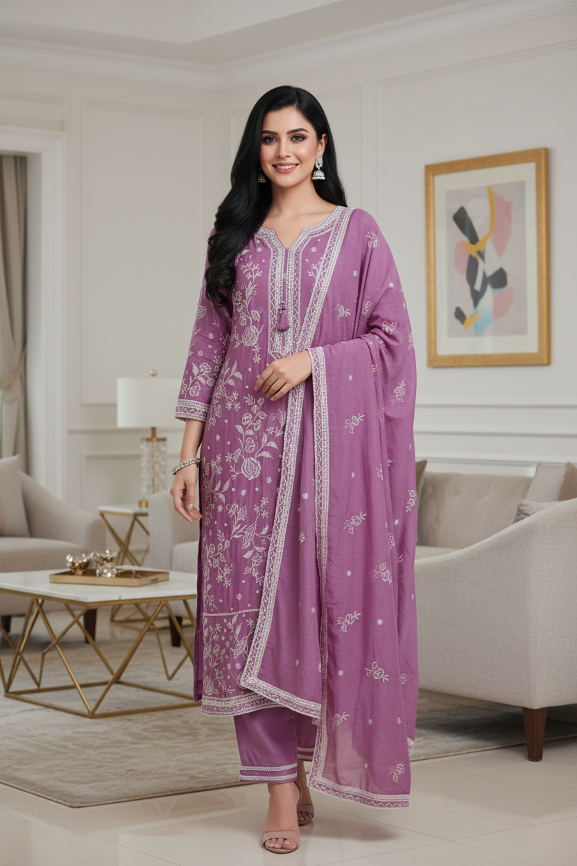 Fully Stitched -Muslin Pakistani Style Embroidered Suit Set with Embroidered Dupatta