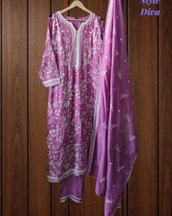 Fully Stitched -Muslin Pakistani Style Embroidered Suit Set with Embroidered Dupatta