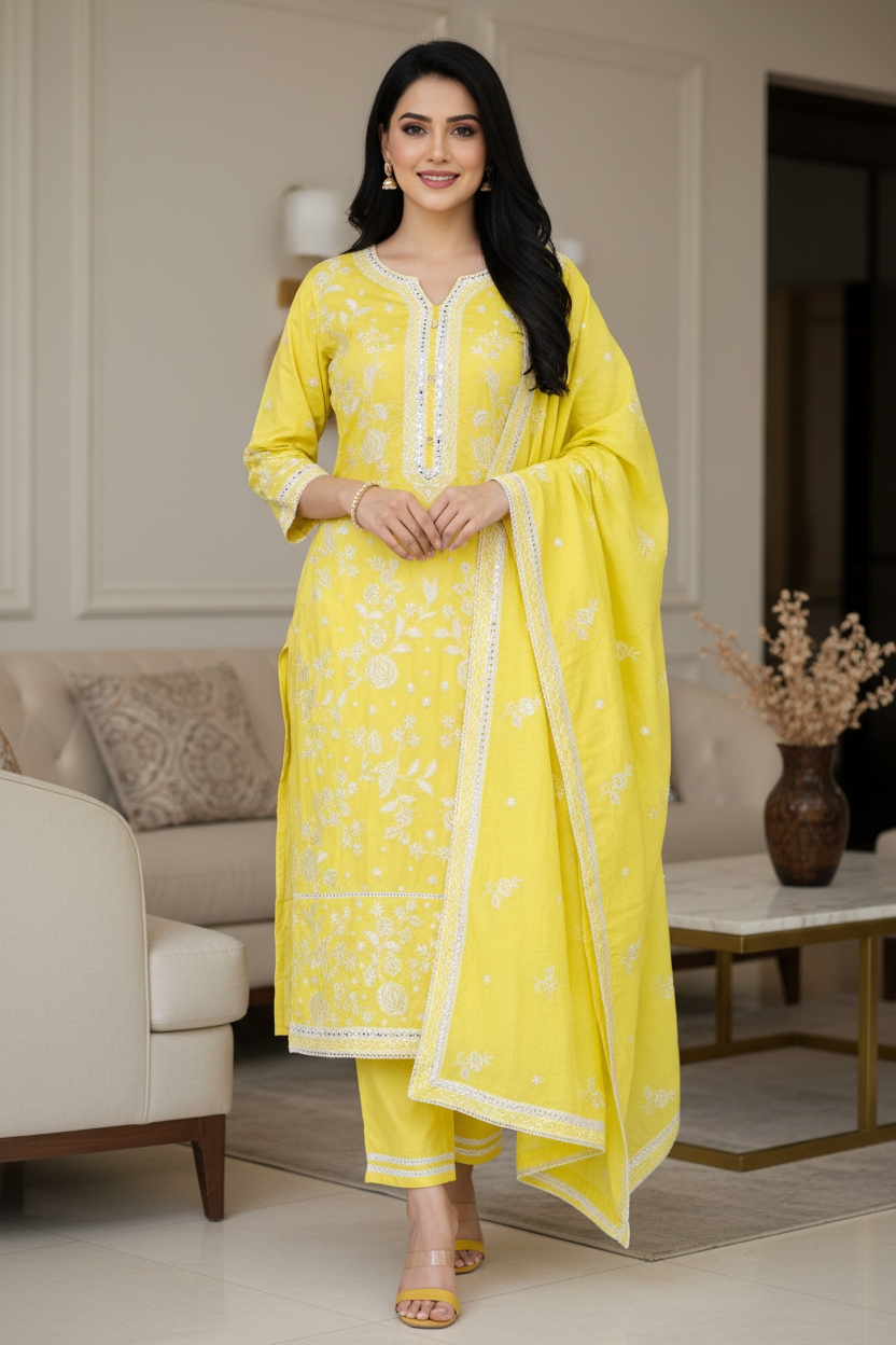 Fully Stitched -Muslin Pakistani Style Embroidered Suit Set with Embroidered Dupatta