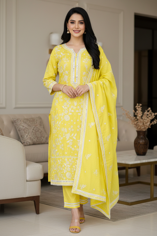 Fully Stitched -Muslin Pakistani Style Embroidered Suit Set with Embroidered Dupatta