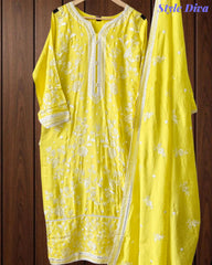 Fully Stitched -Muslin Pakistani Style Embroidered Suit Set with Embroidered Dupatta