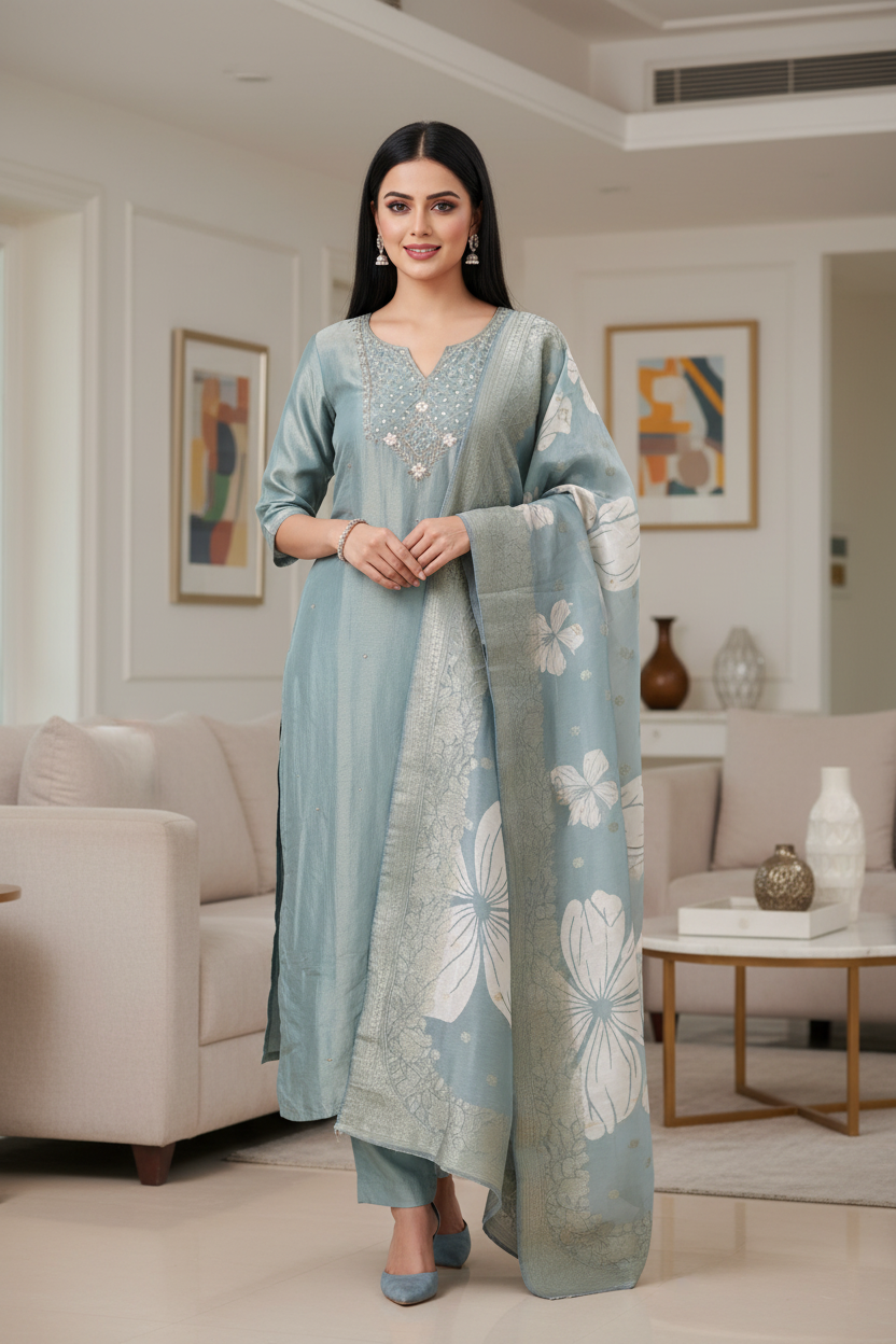 Fully Stitched -  Muslin Digital Print Mirror & Pearl Suit -Stitched for Elegance