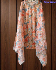 Chanderi Floral Digital Print Kurta Set with Organza Scalloped Dupatta – 3-Piece Fully Stitched Suit