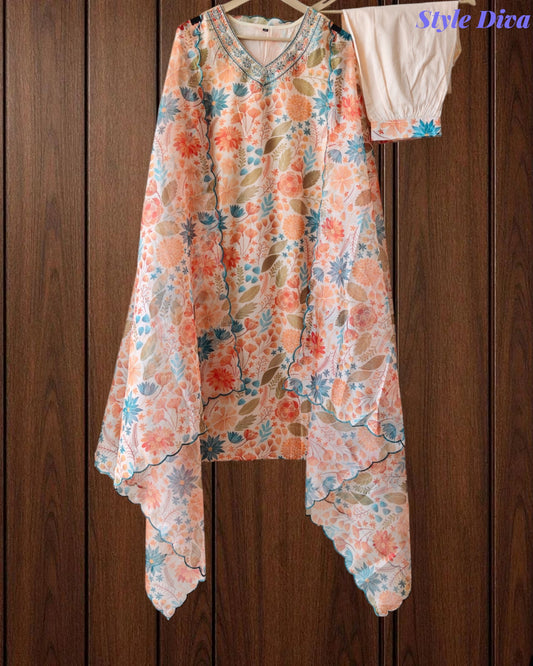 Chanderi Floral Digital Print Kurta Set with Organza Scalloped Dupatta – 3-Piece Fully Stitched Suit