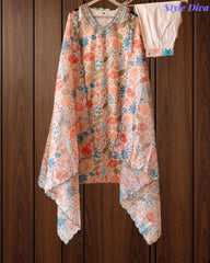 Chanderi Floral Digital Print Kurta Set with Organza Scalloped Dupatta – 3-Piece Fully Stitched Suit