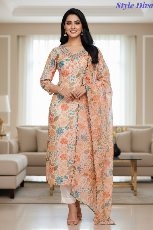 Chanderi Floral Digital Print Kurta Set with Organza Scalloped Dupatta – 3-Piece Fully Stitched Suit