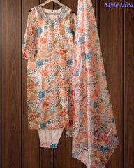 Chanderi Floral Digital Print Kurta Set with Organza Scalloped Dupatta – 3-Piece Fully Stitched Suit